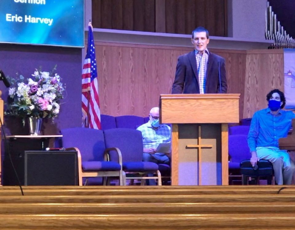 Eric Harvey in the pulpit at FPCC