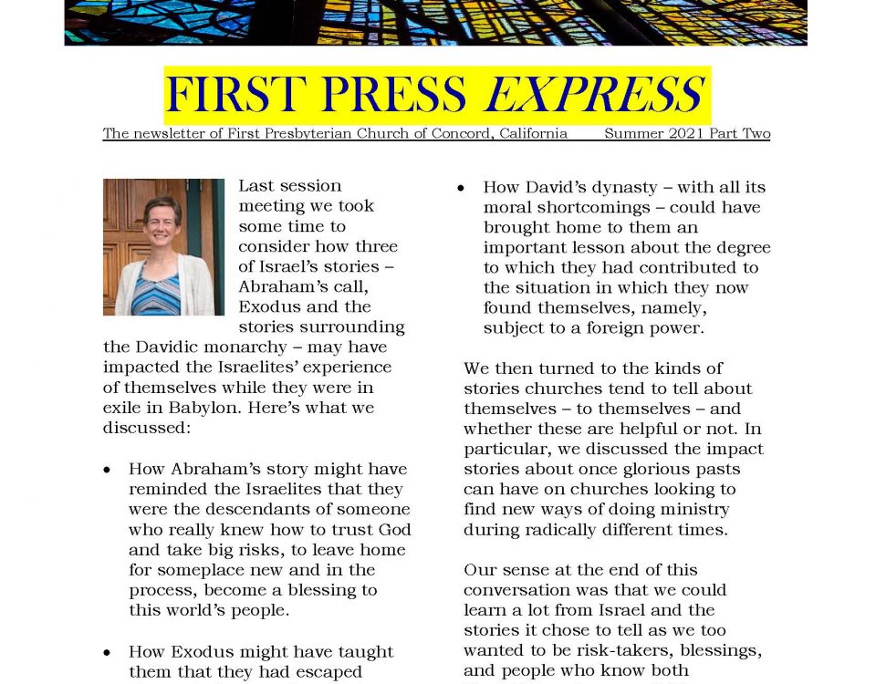 cover of first press express with headshot of Pastor Johanna and banner image of stained glass