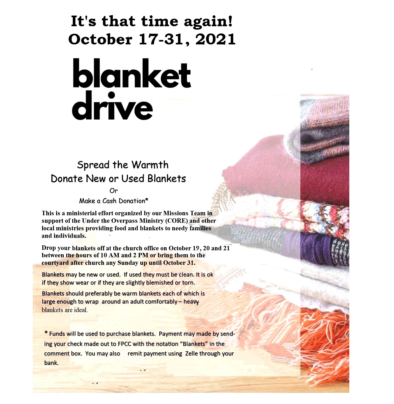"Spread the Warmth" Blanket Drive — First Presbyterian Church Concord