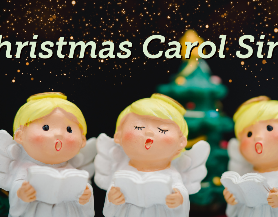 three ceramic singing angels in the foreground in front of a couple of ceramic christmas trees with the text "Christmas Carol Sing"