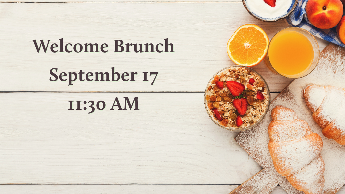 brown text on a pale wood background reading "Welcome Brunch September 17 11:30 AM" next to assorted breakfast foods